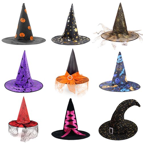 万圣节帽子巫婆派对装饰弯角网纱南瓜印花魔法师女巫帽黑尖巫师帽