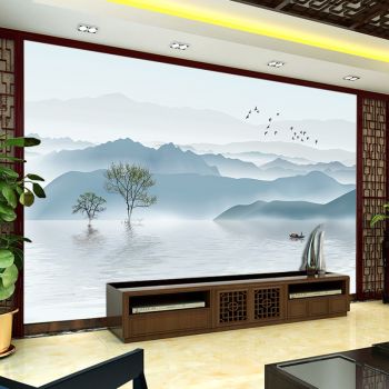 梵帝欧 电视背景墙壁画新中式意境山水画抽象烟雾3d凹凸立体壁纸客厅