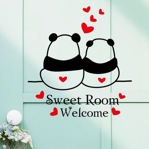 墙贴情侣卡通熊猫欢迎光临客厅商店卧室房门贴家装饰贴画贴纸寝室