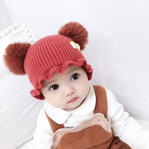 婴儿帽子秋冬季韩版男女宝宝毛线帽新生婴幼儿可爱毛球儿童针织帽优惠
