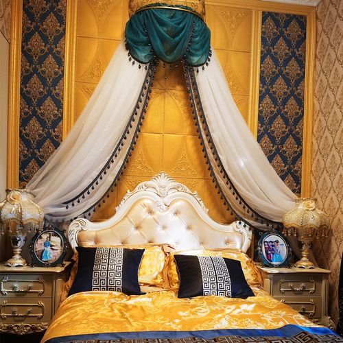 床幔床头宫廷法式欧式蓝白轻奢半圆帘头装饰床幔