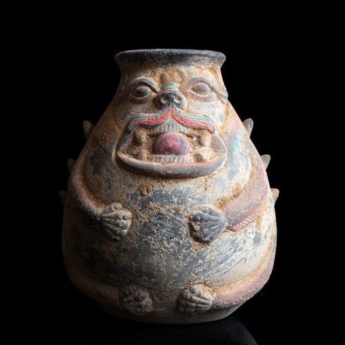 汉代兽面罐仿古彩绘陶器摆件灰陶罐兽身罐古玩收藏艺术品家居装饰