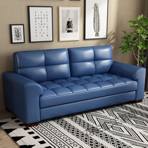 牛皮一字型客厅整装现代直排三人位小户型皮沙发蓝色单扶手三人位18米