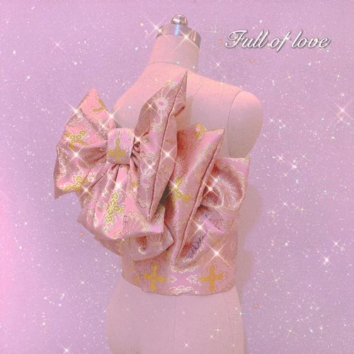 日本振袖和服浴衣女士复古昭和风分体定型太鼓结金粉蝴蝶结腰带