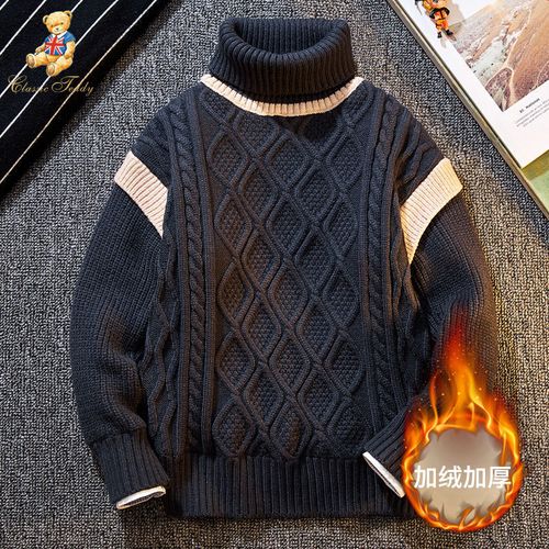 精典泰迪2021冬季新款男童毛衣加绒加厚款针织衫中大孩童高领套头