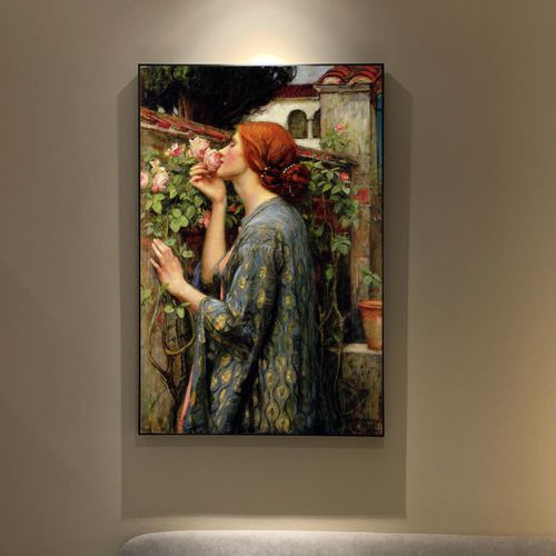 沃特豪斯玫瑰的灵魂印制纯棉吻花的女人竖款油画布画芯版画装饰画