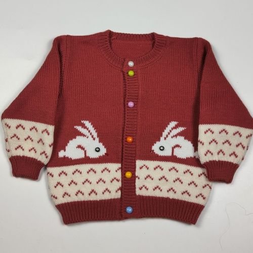 毛衣纯手工编织1-2周岁儿童毛衣铁绣红小兔子图案手打开衫毛衣