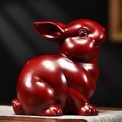 兔子摆件木雕小兔一对可爱玉兔工艺品实木送女生日礼物十二生肖 红色