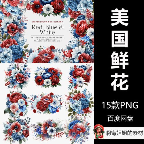 美国国庆红色蓝色花卉花束插画png免抠设计素材高清新品精品