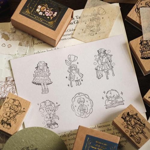 陌墨复古人物主题木质印章 可爱小女孩学生手帐装饰工具印画