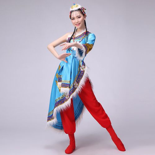 藏族舞蹈演出服装 宝蓝色藏服蒙古族舞台表演服民族