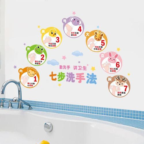 卡通墙墙面贴纸七步厕所卫生间洗手法环创幼儿园环境材料装饰布置