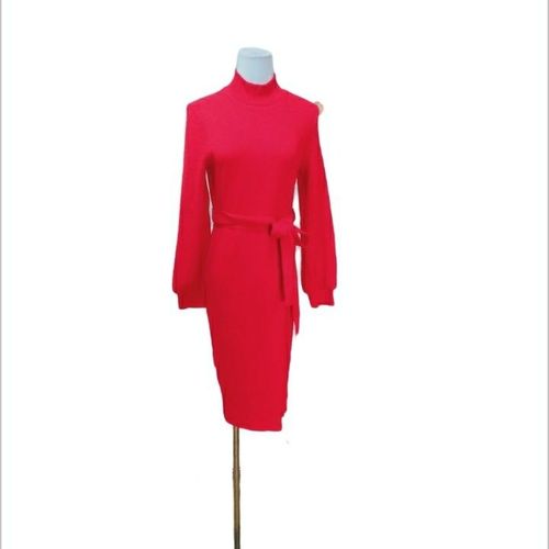 fleurwood红色女士针织连衣裙气质修身职场干练优雅160m码
