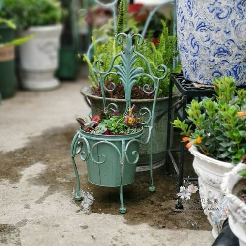 复古做旧铁艺小椅子造型花盆花园庭院盆栽多肉装饰花器杂货铁桶.