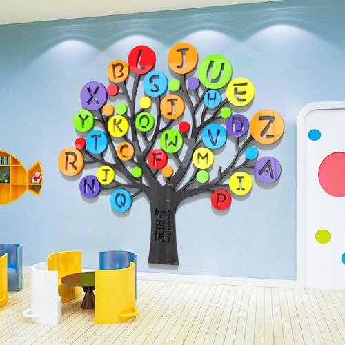幼儿园教室墙面装饰26个英文字母树自粘画早教儿童启蒙墙贴3d立体