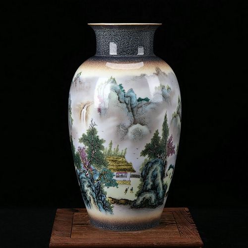 鸿瑀 景德镇陶瓷器 朱武颜色釉粉彩山水冬瓜花瓶 现代中式家居工艺品