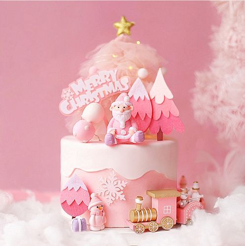 2021年圣诞节生日蛋糕装饰摆件粉色系列坐姿圣诞老人雪人小火车树