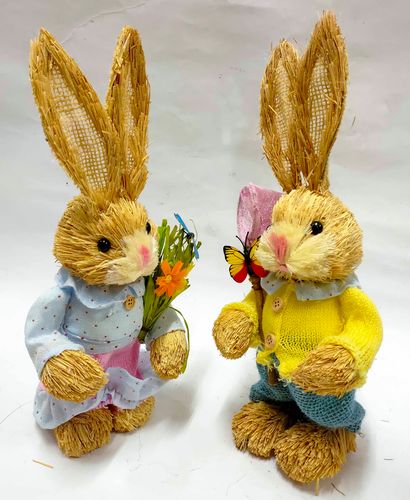 编织对兔手工草编雌雄双兔家居装饰摆件仿真动物工艺品道具