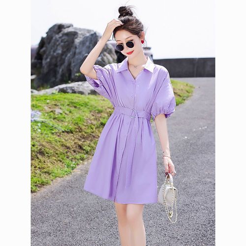 紫色v领衬衫连衣裙女2023年夏季新款小个子休闲气质收腰显瘦裙子