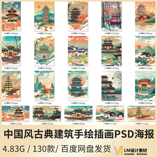中国风古典城市建筑国潮风宫廷古迹古楼插画手绘psd海报设计素材