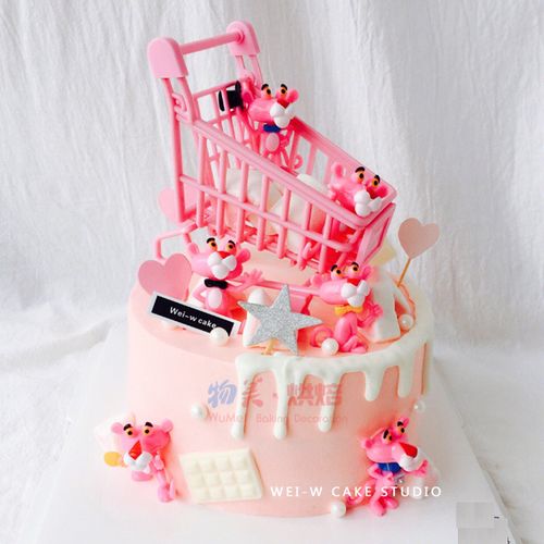 生日蛋糕装饰粉色系购物车粉红豹公仔玩具摆件少女心顽皮豹摆件