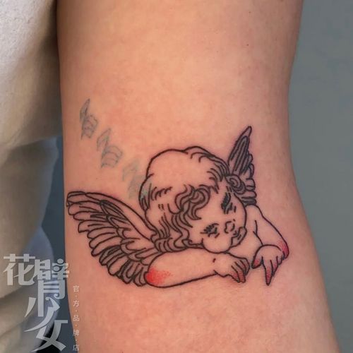 花臂少女tattoo 251  ins黑白线条翅膀小天使丘比特纹身贴一张2个