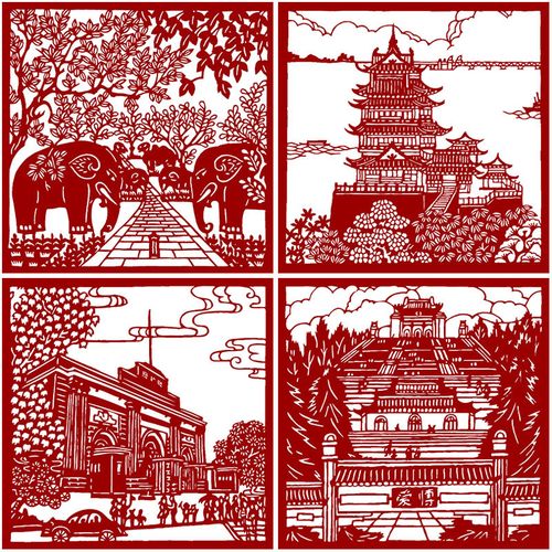h48南京风景建筑剪纸素材图案底稿中国手工剪纸黑白打印稿无拼接