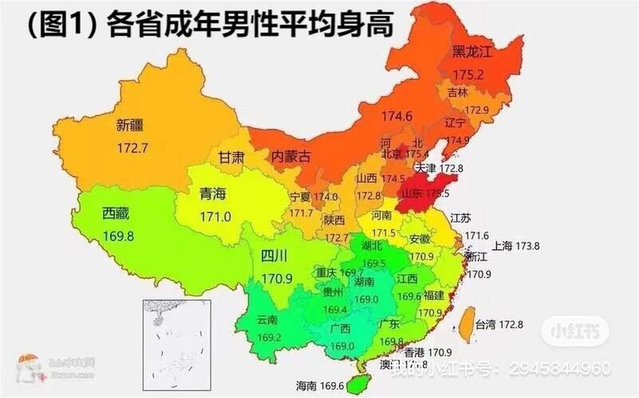 图1:用一张地图直观显示了中国各省成年男子的平均身高.
