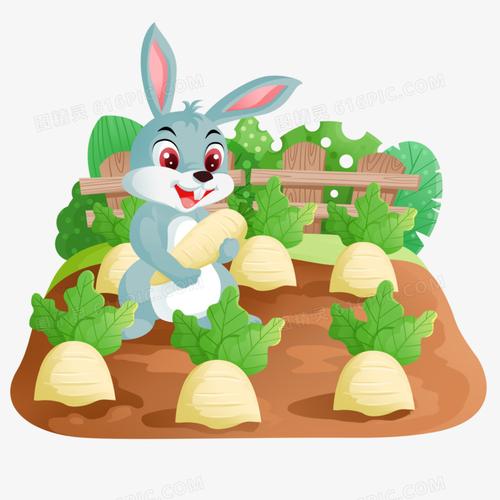 卡通手绘小兔子在菜地拔萝卜素材