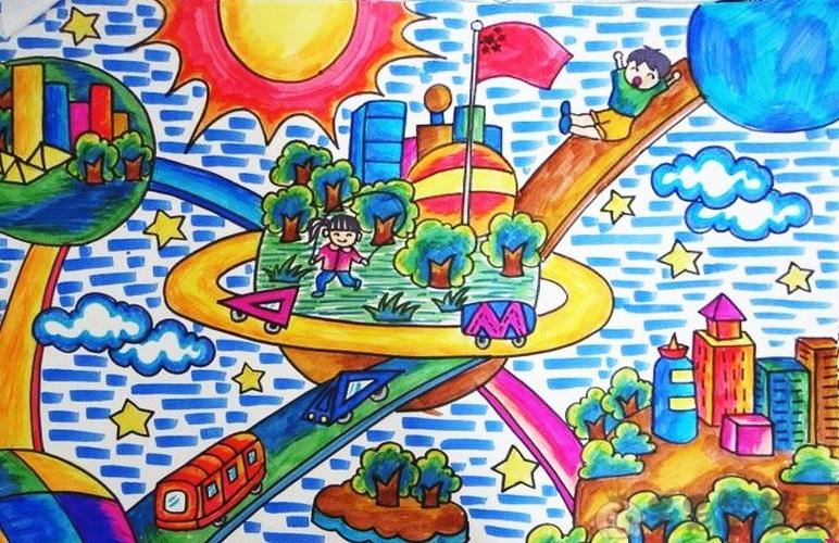 未来的城市儿童画图片 - 毛毛简笔画