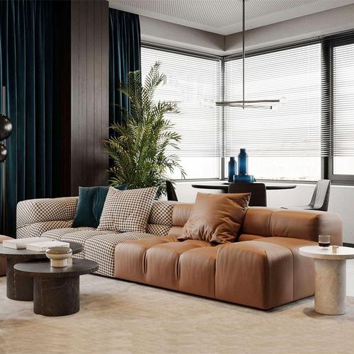 新品意式极简皮沙发模块北欧轻奢现代工业风千鸟格布艺沙发组合网