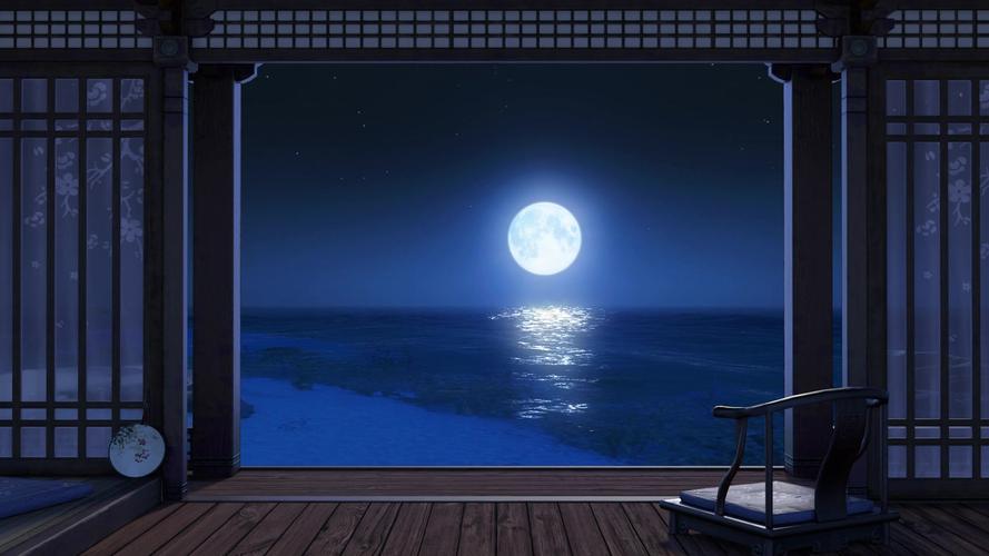 白噪音满月夜晚海边的古风小木屋循环听海浪学习放松助眠