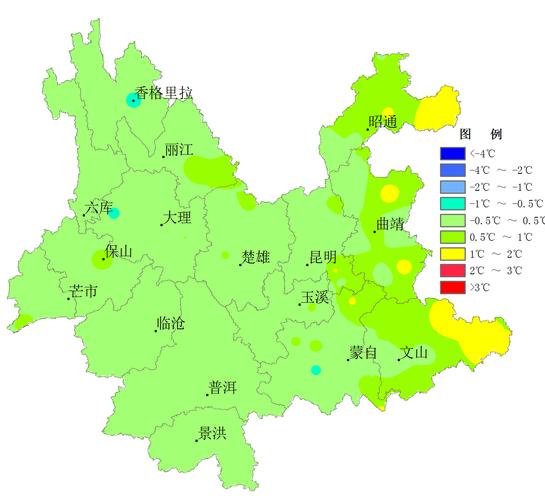 图1  云南省2016年6月气温距平分布图