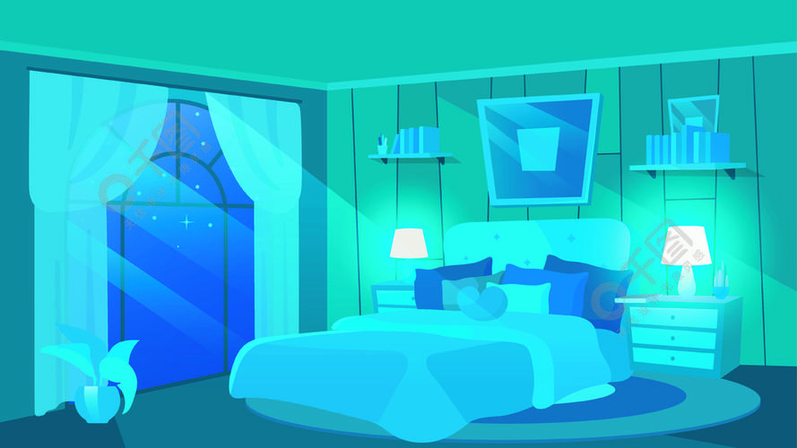 女性卧室在晚上平面矢量图与现代家具的豪华庄园内部带