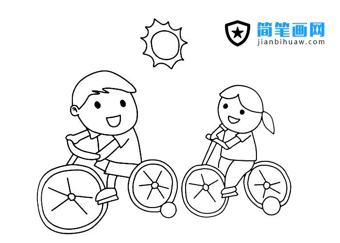 两位小朋友骑自行车玩耍的简笔画图片