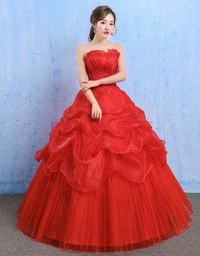 婚纱2020新款新娘结婚婚纱礼服简约齐地抹胸红色蓬蓬裙 红色 3xl