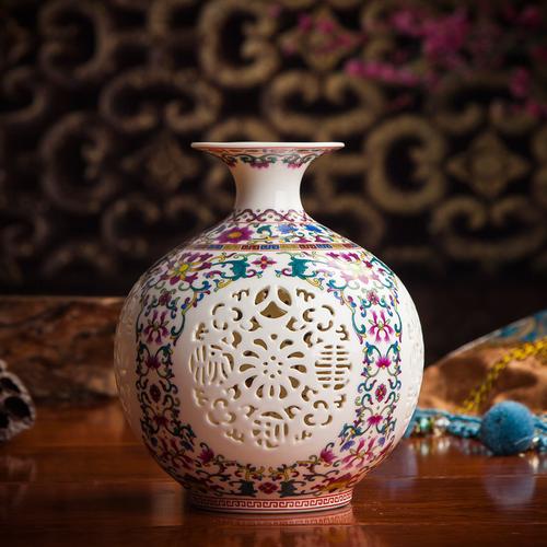 景德镇陶瓷玲珑镂空花瓶中式仿古插花瓶家居装饰工艺品摆件 永德吉装