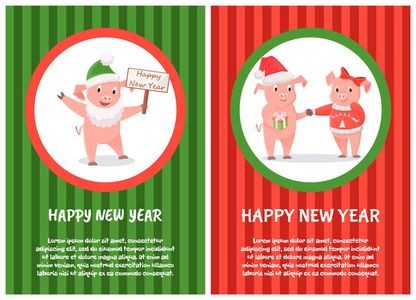 个新年贺卡, 雄性和雌性小猪相似素材图片