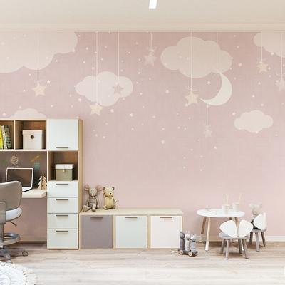 粉色星星云朵墙纸卡通温馨儿童房壁纸女孩卧室墙布壁布背景墙定制