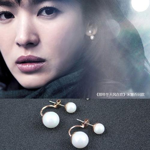 宋慧乔明星同款大小珍珠耳钉气质女韩国饰品后挂式耳环耳饰防过敏
