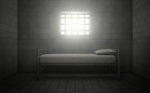 用光,透过铁栅栏的窗户照进来的监狱牢房.3d 仁德照片