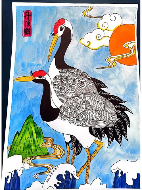 动物系列:丹顶鹤1,用线描的方式表现仙鹤的线条美和形态美.