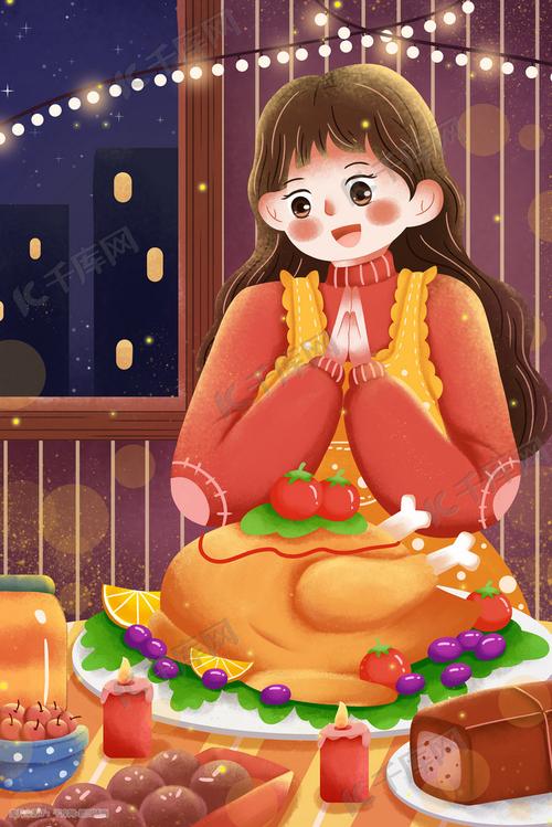 感恩节少女许愿祈祷吃火鸡浪漫美食