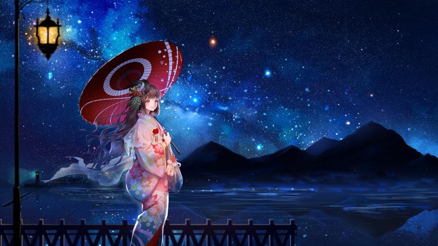 夜晚 星空 天空星星 少女和服 日本服装 伞 唯美4k动漫图片,4k高清动