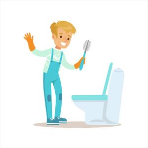 男孩在手套清洗厕所用画笔微笑卡通孩子帮助家务和做房子清理照片