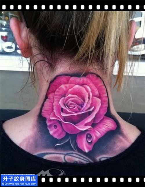 女性欧美脖子彩色玫瑰纹身图案安全