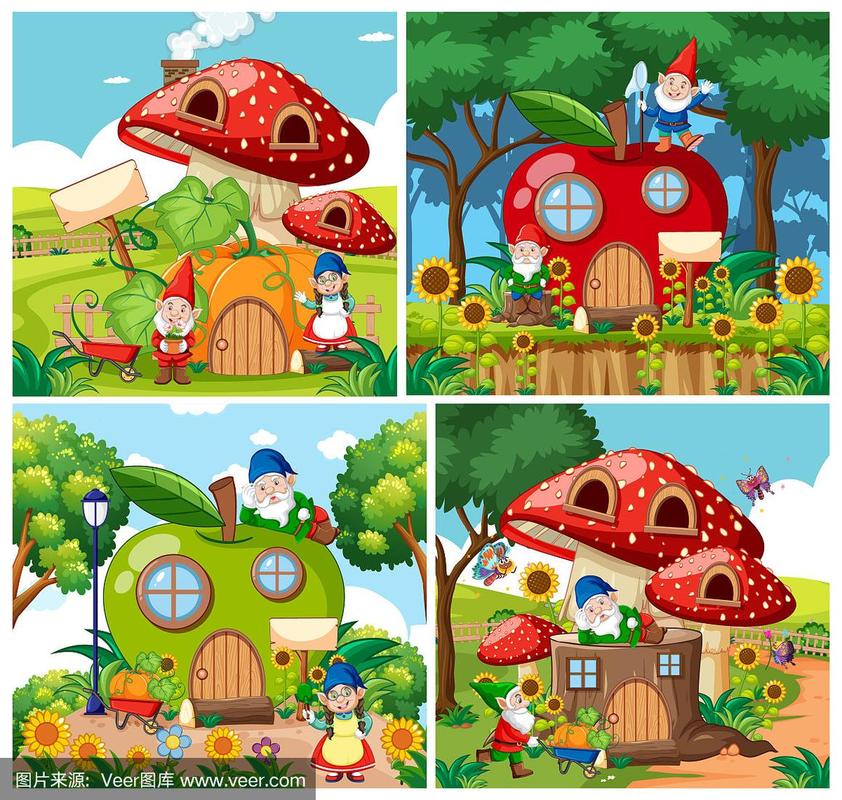 一套孤立的侏儒童话房子卡通风格的花园背景