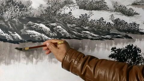 姜战平绘画与教学:国画平远法山水画的水面倒影要"竖式"用笔!