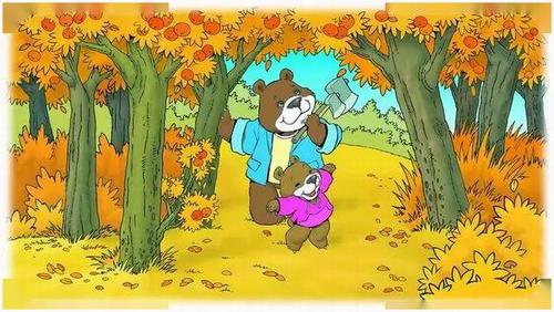 小熊舍不得砍树上开满了鲜花夏天,小熊又走进了树林树上长满了绿叶,他