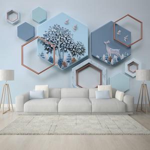 现代简约壁纸麋鹿壁画客厅墙纸3d立体几何图案电视背景墙北欧墙布